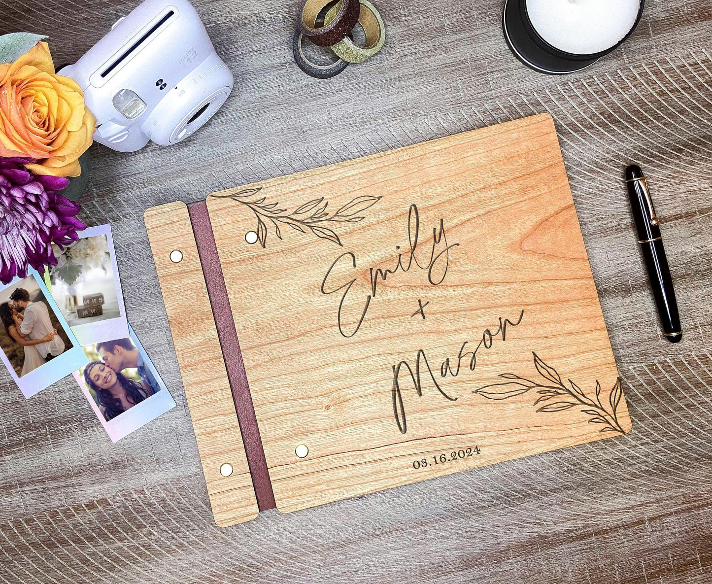 Custom engraved modern wedding guest book size reference personalized couple keepsake