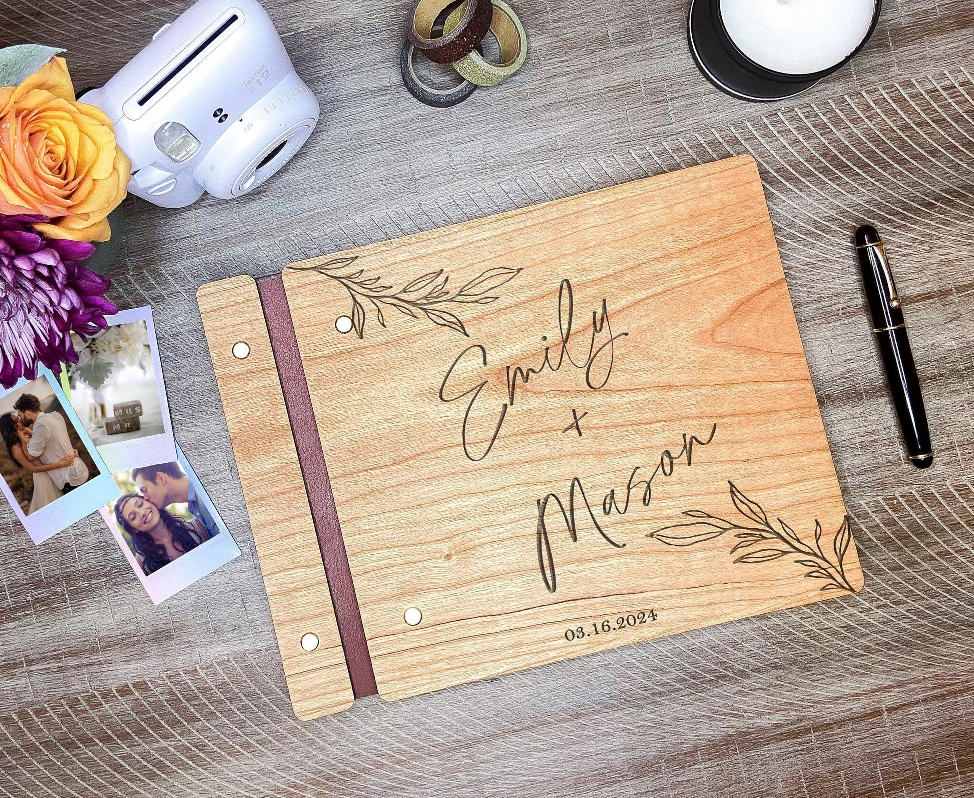 Custom engraved modern wedding guest book size reference personalized couple keepsake