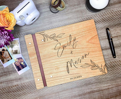 Custom engraved modern wedding guest book size reference personalized couple keepsake
