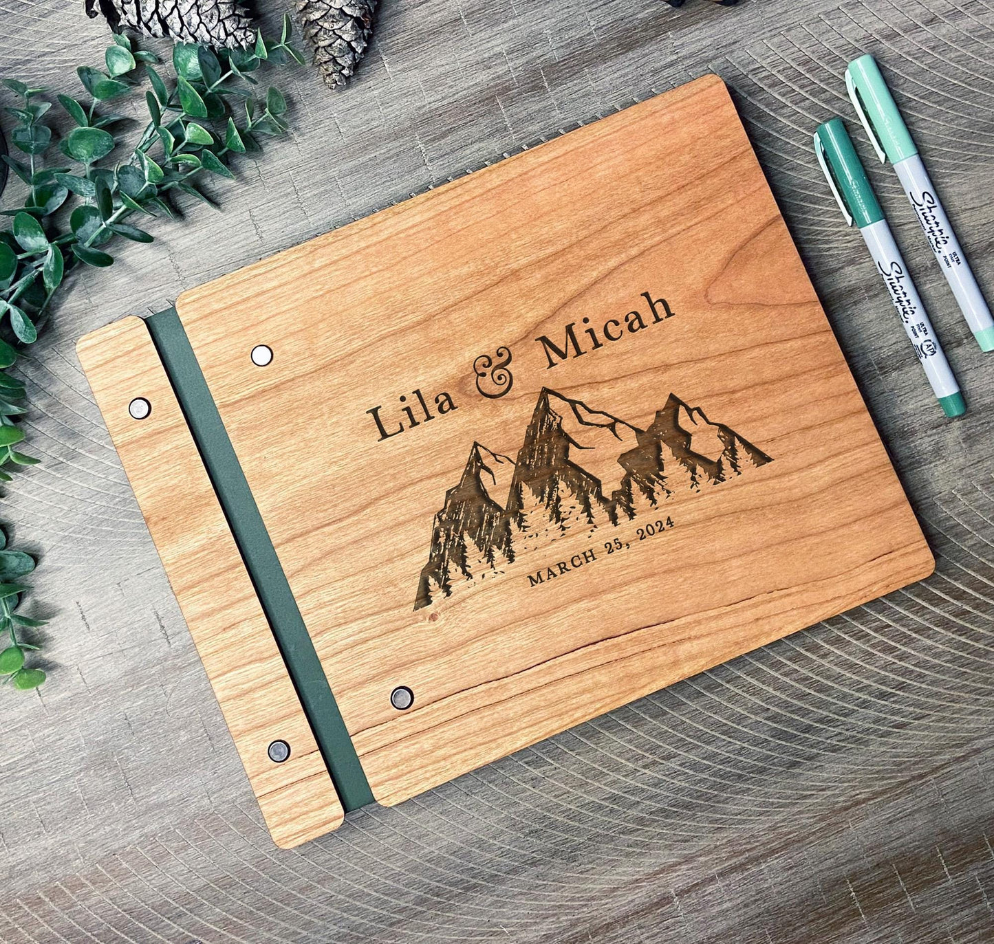 Personalized rustic mountain wedding guest book engraved wood photo album outdoor wedding