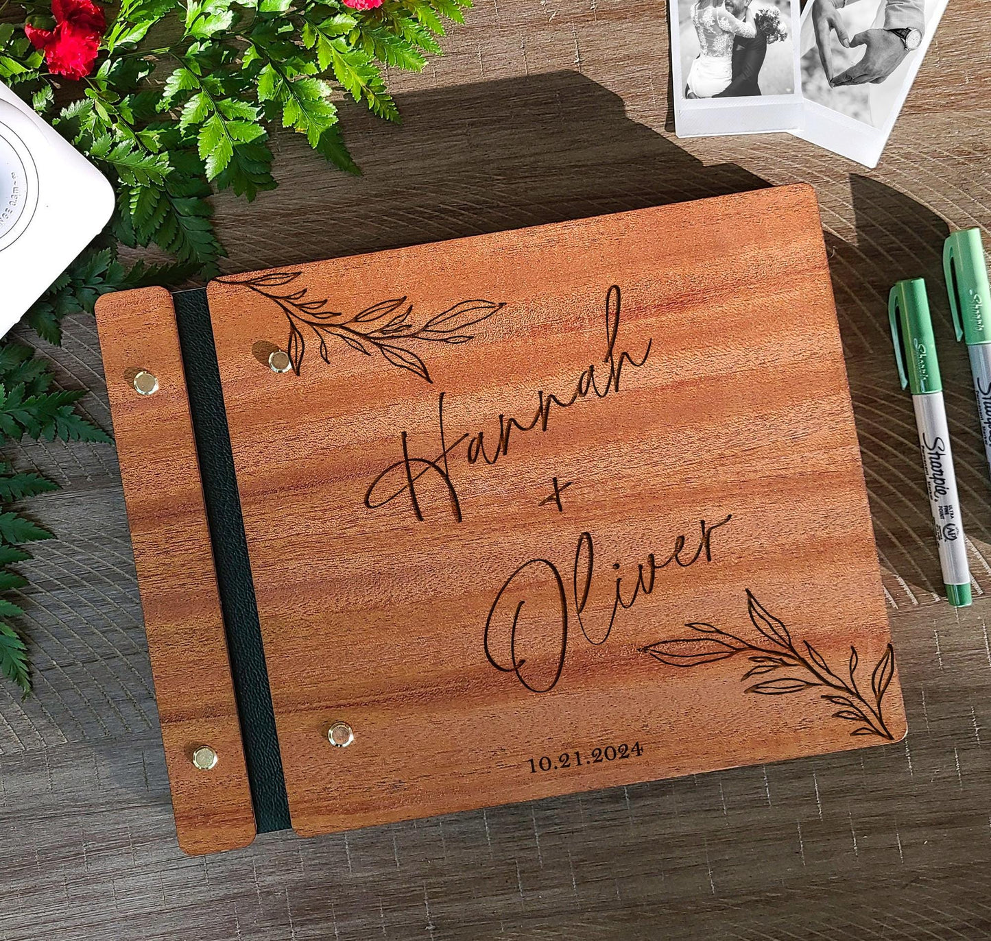Engraved wooden wedding guest book personalized modern welcome album minimalist keepsake
