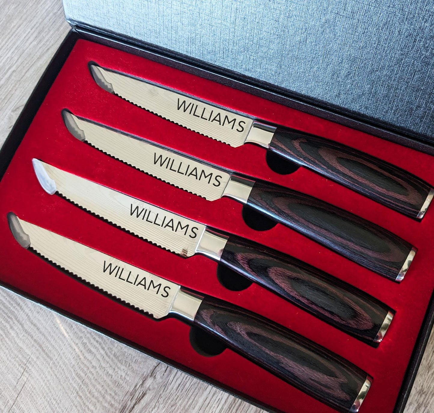 Personalized steak knife set of 6 custom engraved stainless steel blades Pakka wood handles