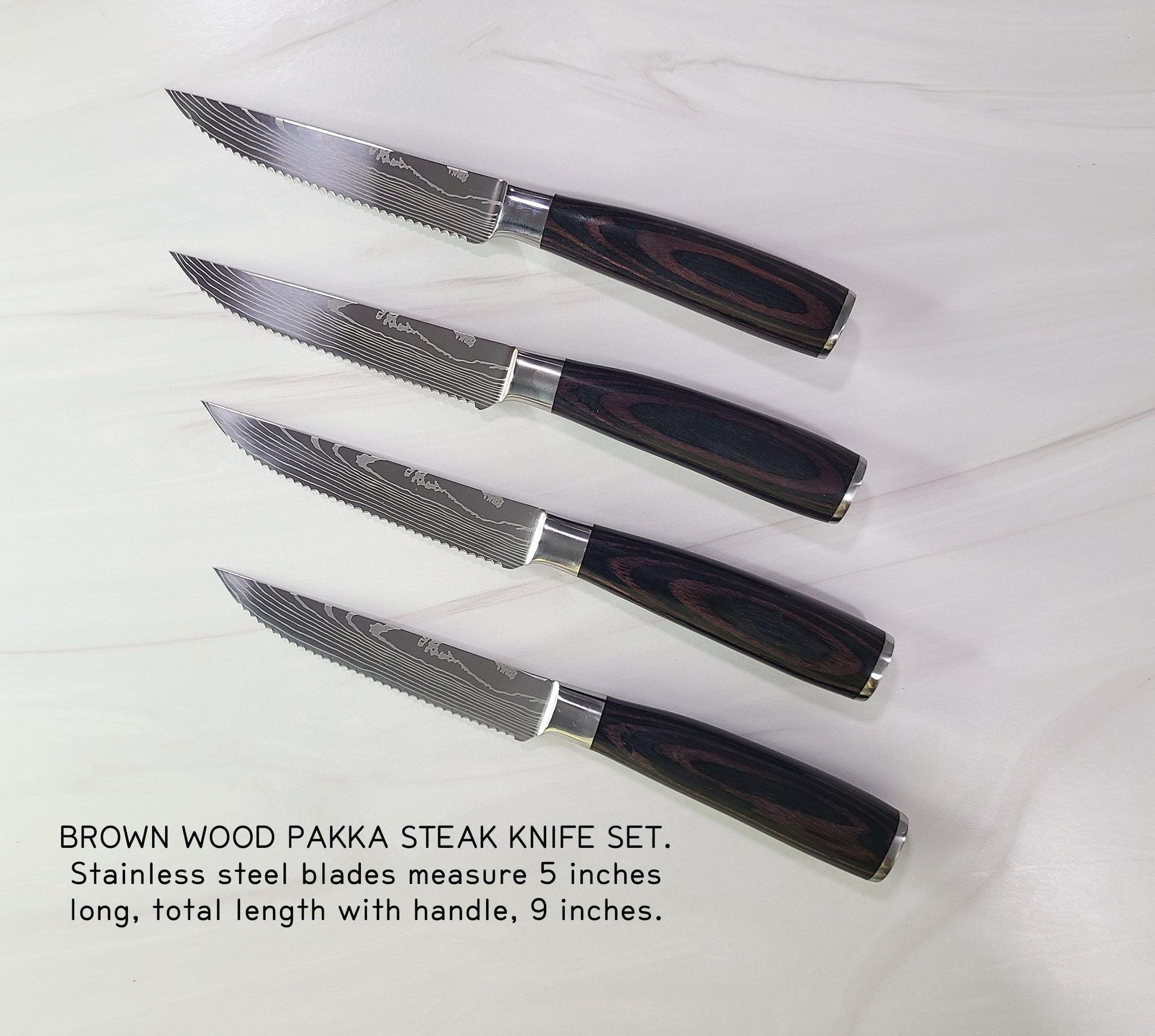 Custom steak knife set with Pakka wood handles and engraved stainless steel blades