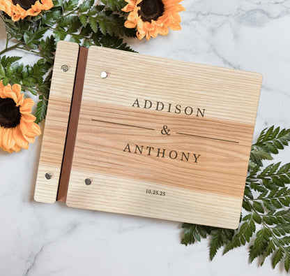 Custom engraved rustic wooden wedding guest book dedication page personalized