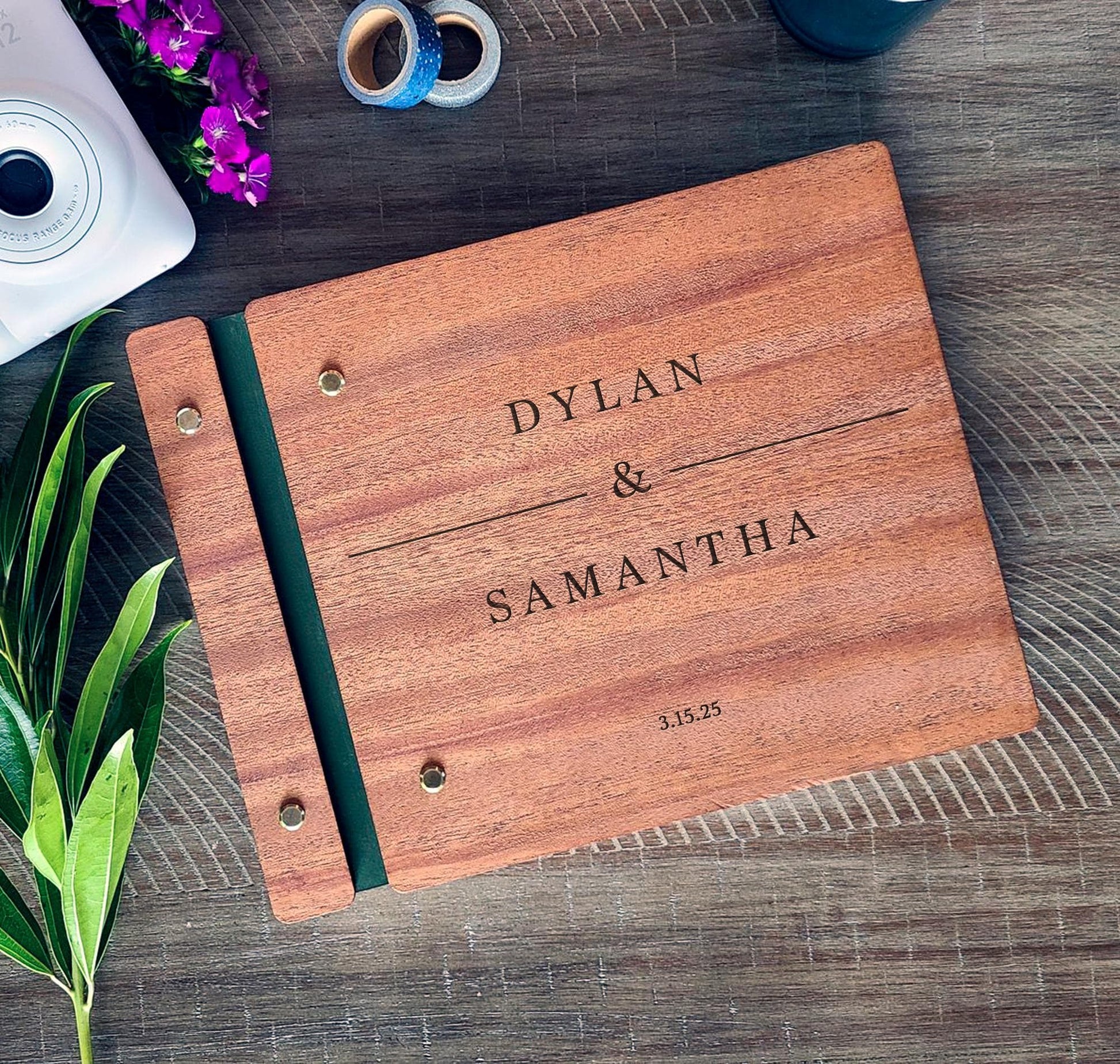 Custom engraved rustic wedding guest book personalized wood keepsake album
