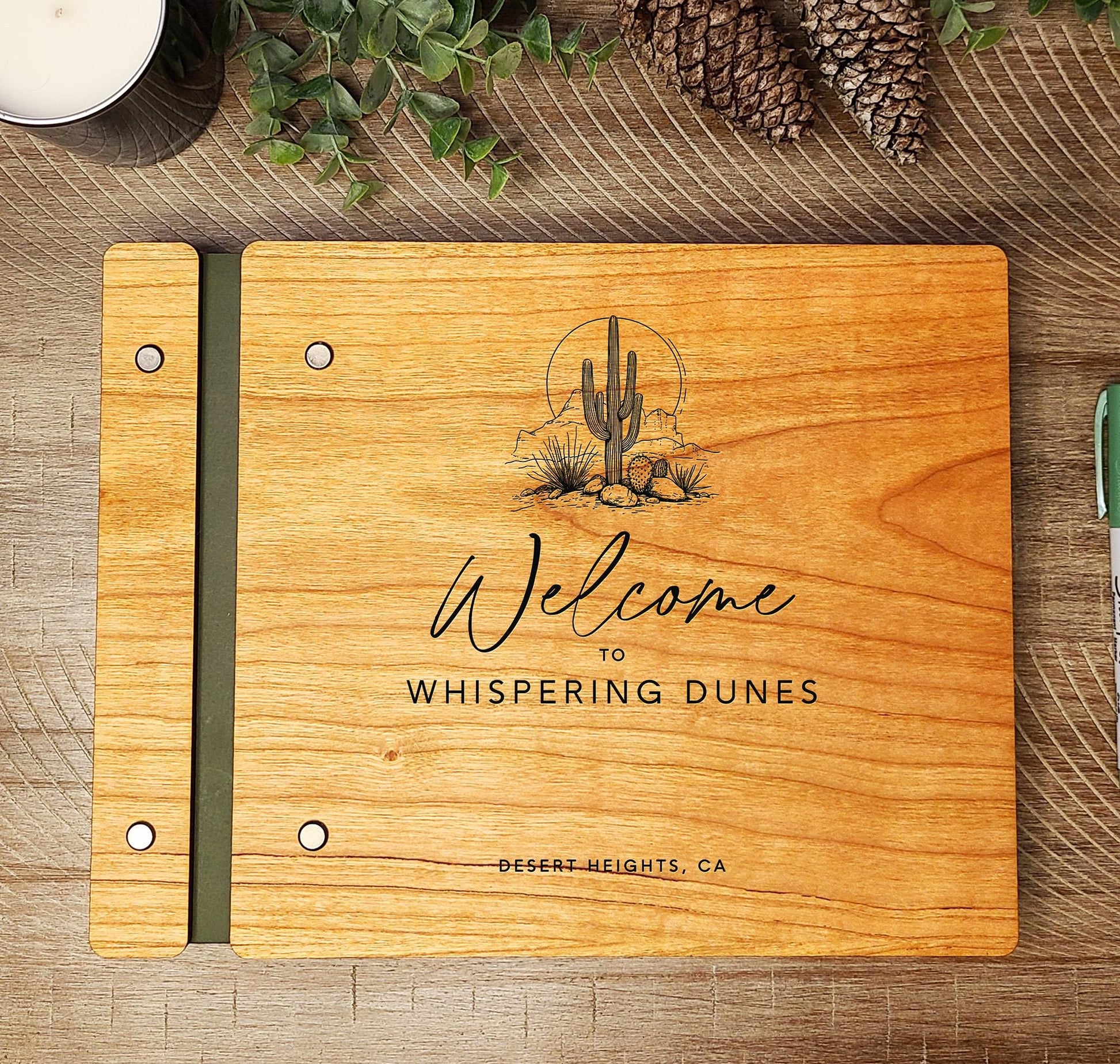 Custom wooden desert guest book lifestyle flat lay personalized vacation rental gift