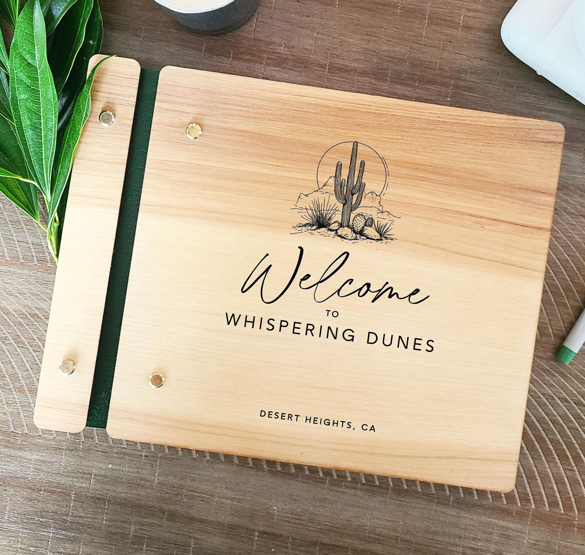 Custom desert themed wooden guest book personalized airbnb vrbo rental home memory book
