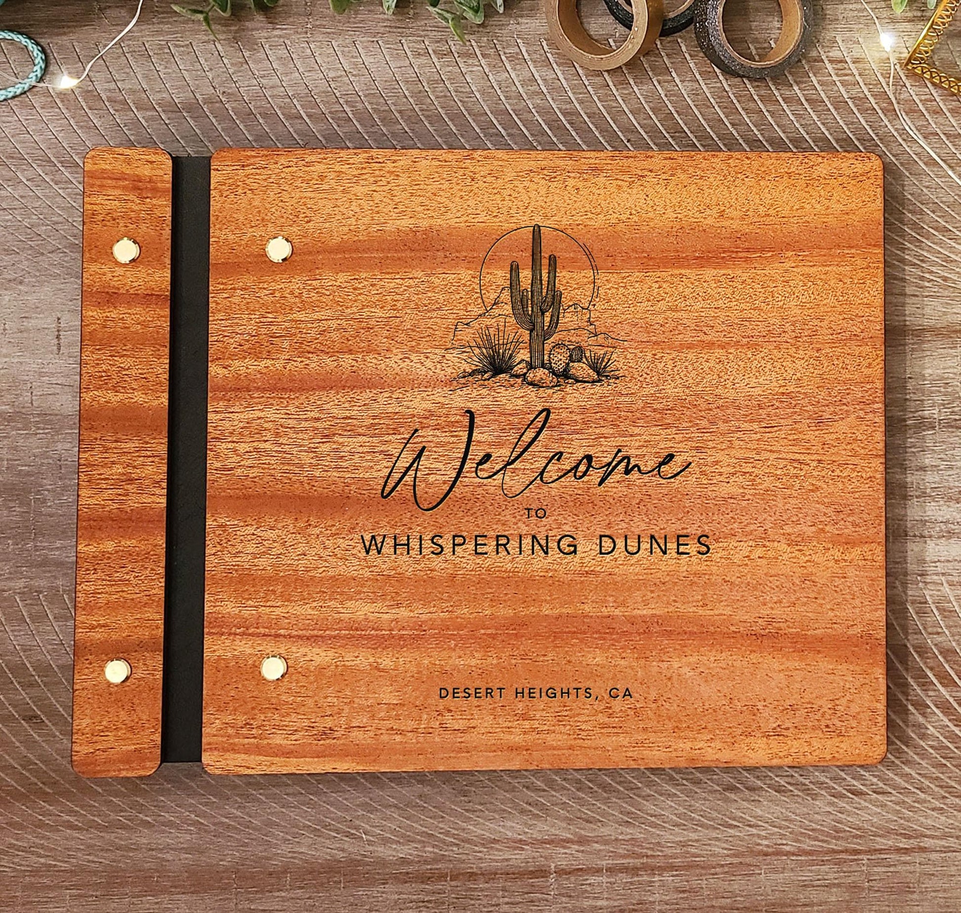 Desert theme vacation rental guest book interior pages engraved hardwood cover