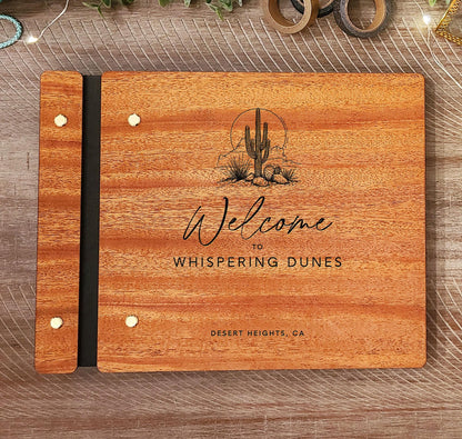 Desert theme vacation rental guest book interior pages engraved hardwood cover