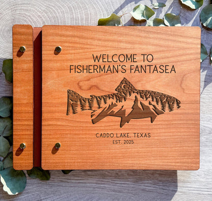 Engraved lake house rental guest book lifestyle flat lay personalized cabin decor