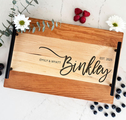 Engraved last name serving tray with handles