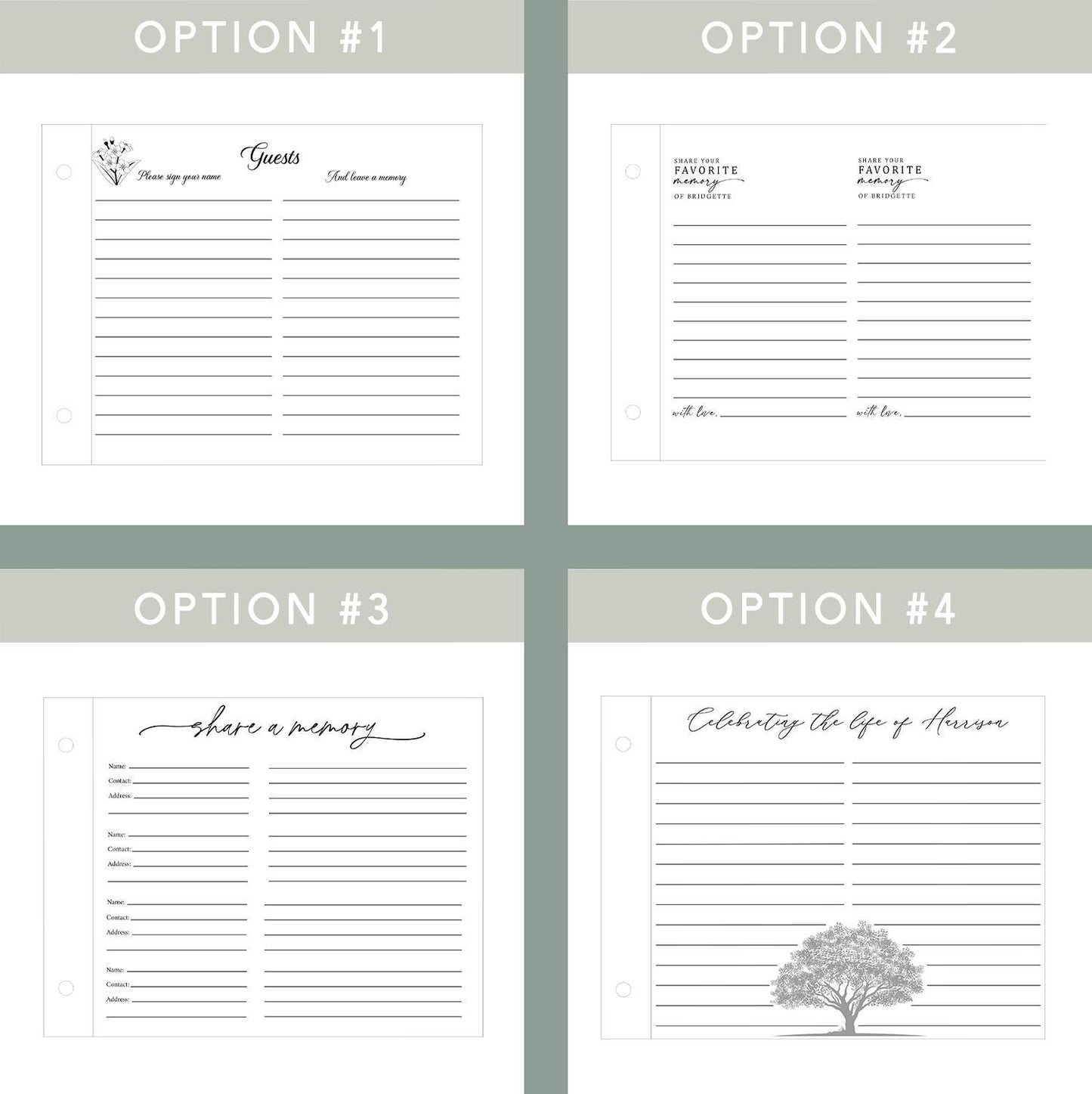 Memorial guest book wood options