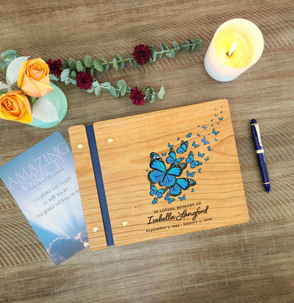 Blue butterfly memorial guest book detail