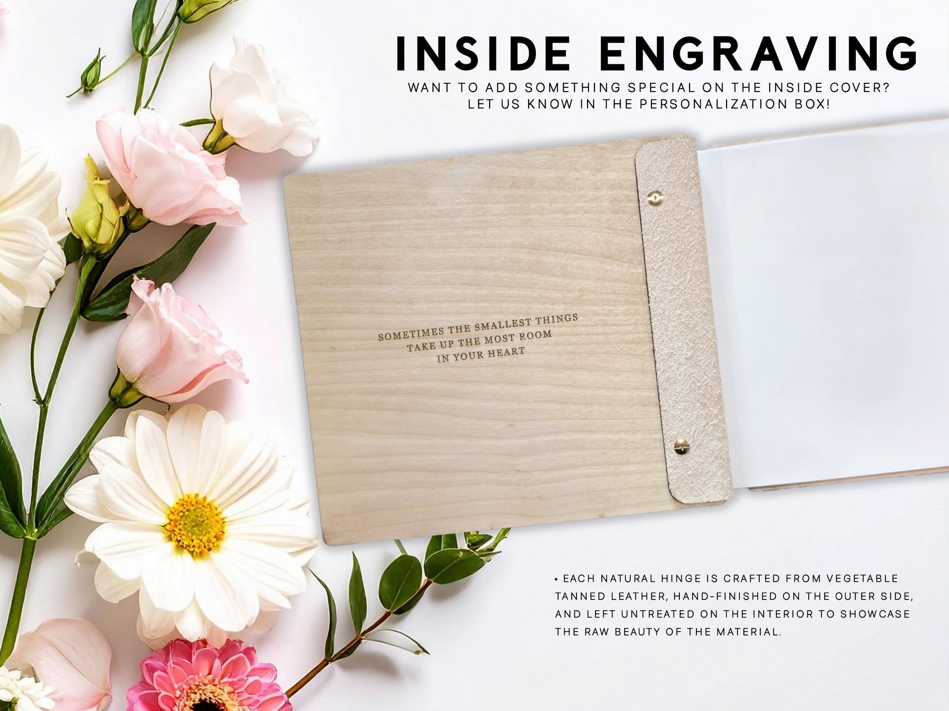Rustic mountain wedding photo album open showing interior pages personalized keepsake