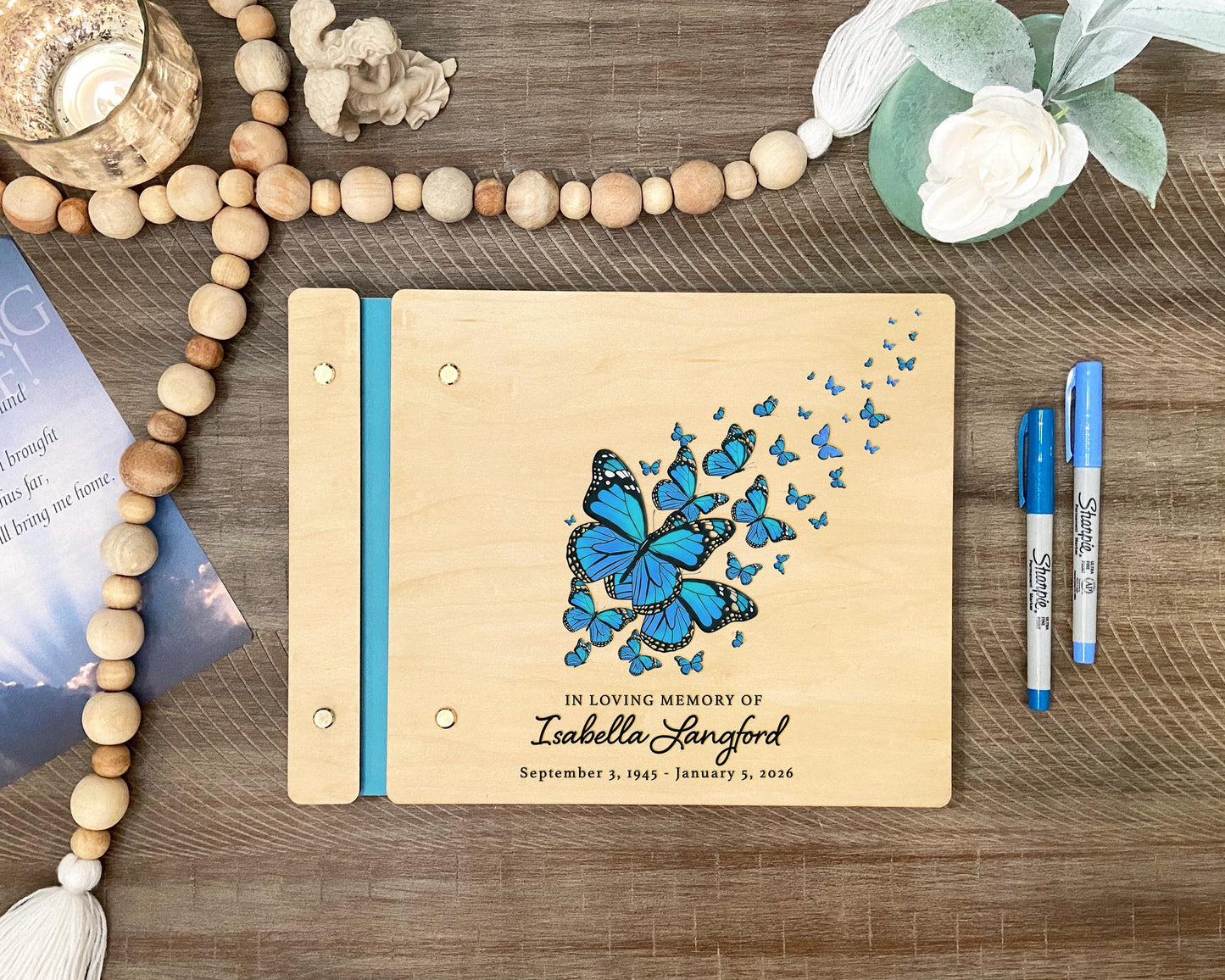Blue butterfly celebration of life memorial guest book color cover