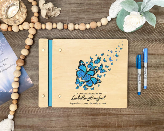 Blue butterfly celebration of life memorial guest book color cover