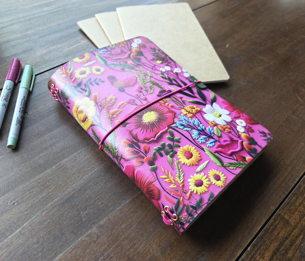 Vibrant Pink Botanical leather traveler's notebook cover – photo 15