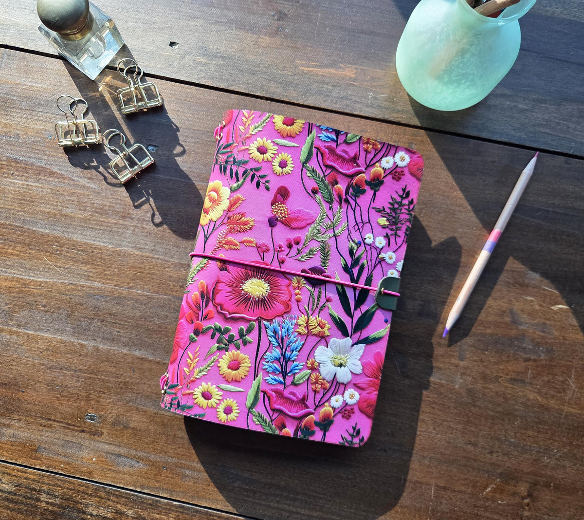Vibrant Pink Botanical leather traveler's notebook cover – photo 4