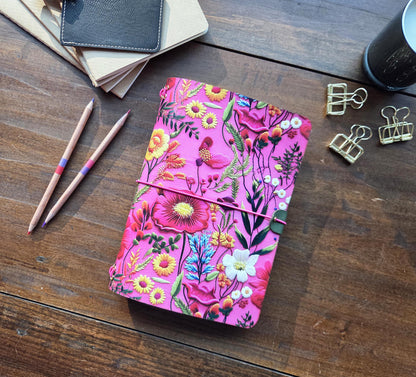 Vibrant Pink Botanical leather traveler's notebook cover