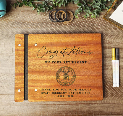 Military Retirement Guest book, Custom Retirement Gift for Army, Air Force, Navy, Marine Retiree. Congratulations Retirement Book