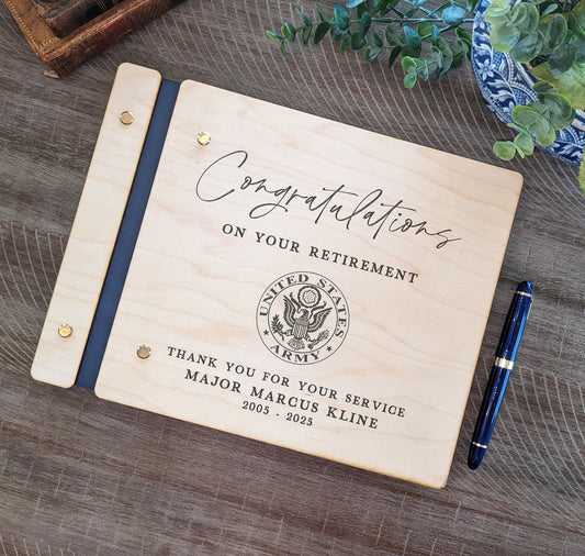 Military Retirement Guest book, Custom Retirement Gift for Army, Air Force, Navy, Marine Retiree. Congratulations Retirement Book