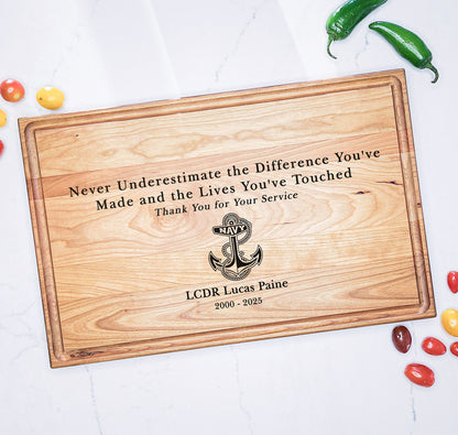 Custom Retirement Gift for Military - Personalized Cutting Board For Army, Navy, Air Force, Marine Retiree, Never Underestimate