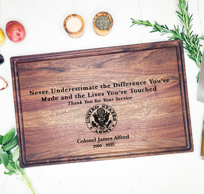Custom Retirement Gift for Military - Personalized Cutting Board For Army, Navy, Air Force, Marine Retiree, Never Underestimate