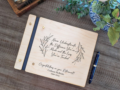 Never Underestimate Retirement Guest Book - Personalized Wooden Keepsake for Coworker, Boss, Retiree