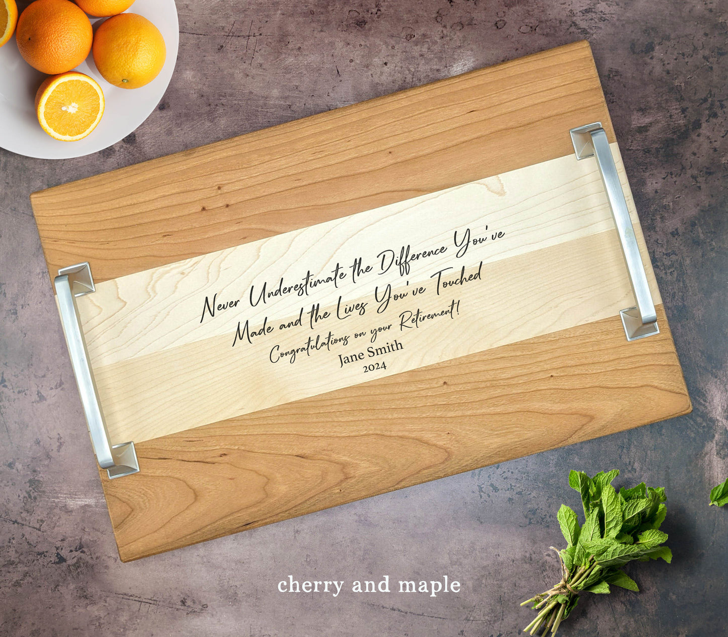 Never Underestimate Retirement Gift Serving Tray. Custom Personalized Serving Tray with Handles - Dragon Forged Studios